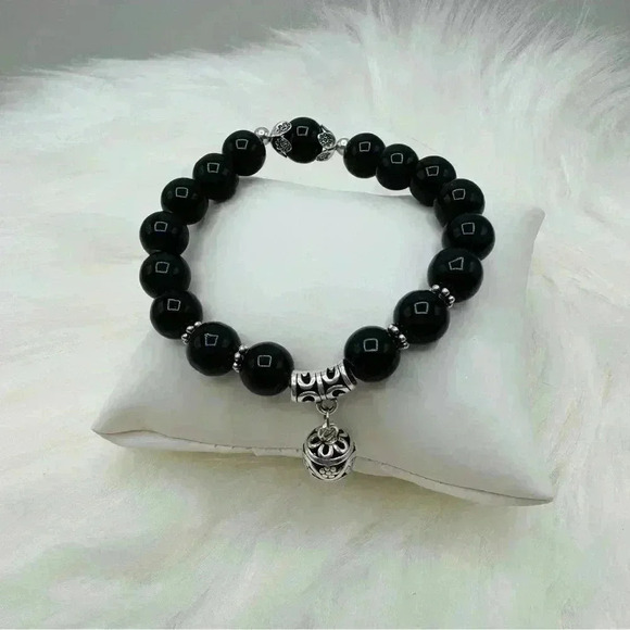 White Moonstone, Green Chrysoberyl & Onyx Black Natural Stone Bundle 3 Bracelets - Picture 6 of 8